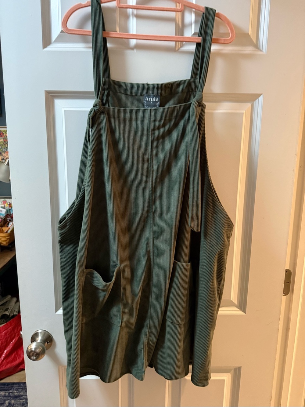 ARULA Olive Corduroy Pinafore Jumper with Pockets